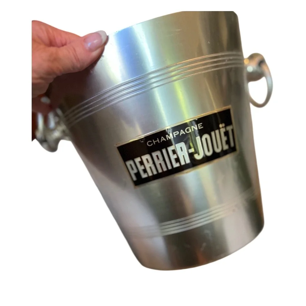 Perrier-Jouet Champagne Ice Bucket Brushed Aluminum Silver Ring Handles 8 Inch